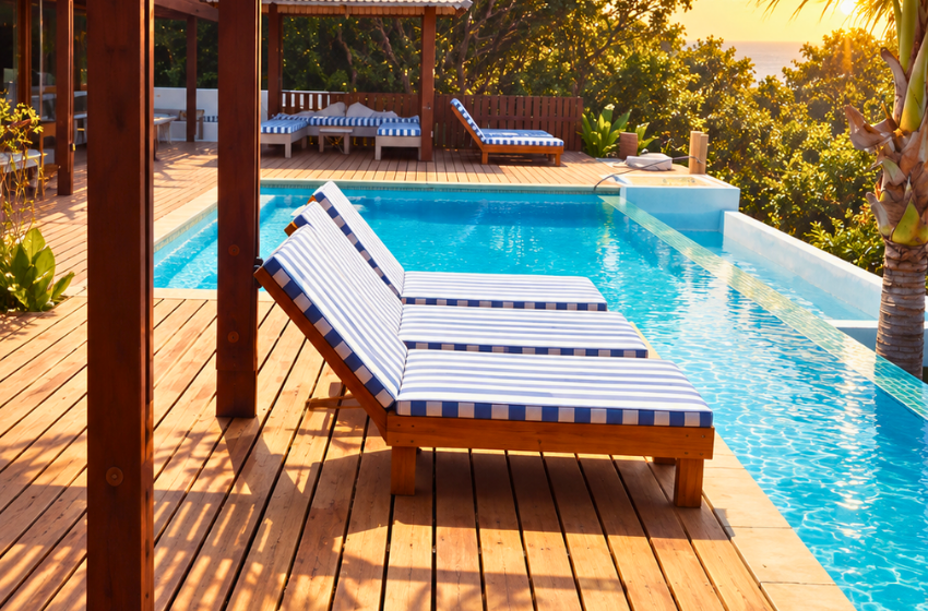 close up of sun loungers and pool at Aloha 7 in Ponta Mamoli